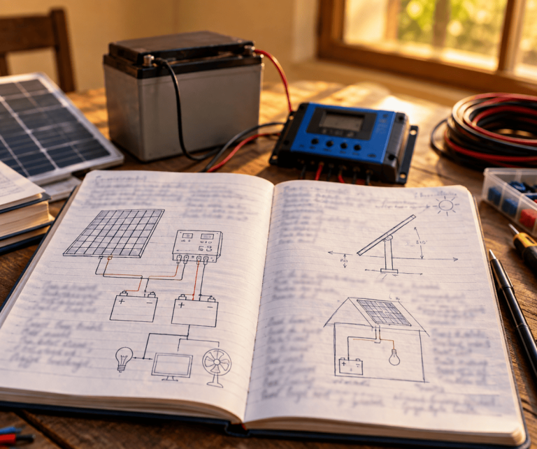 Notebook with technical diagrams explaining solar energy terms for Nigerian homeowners