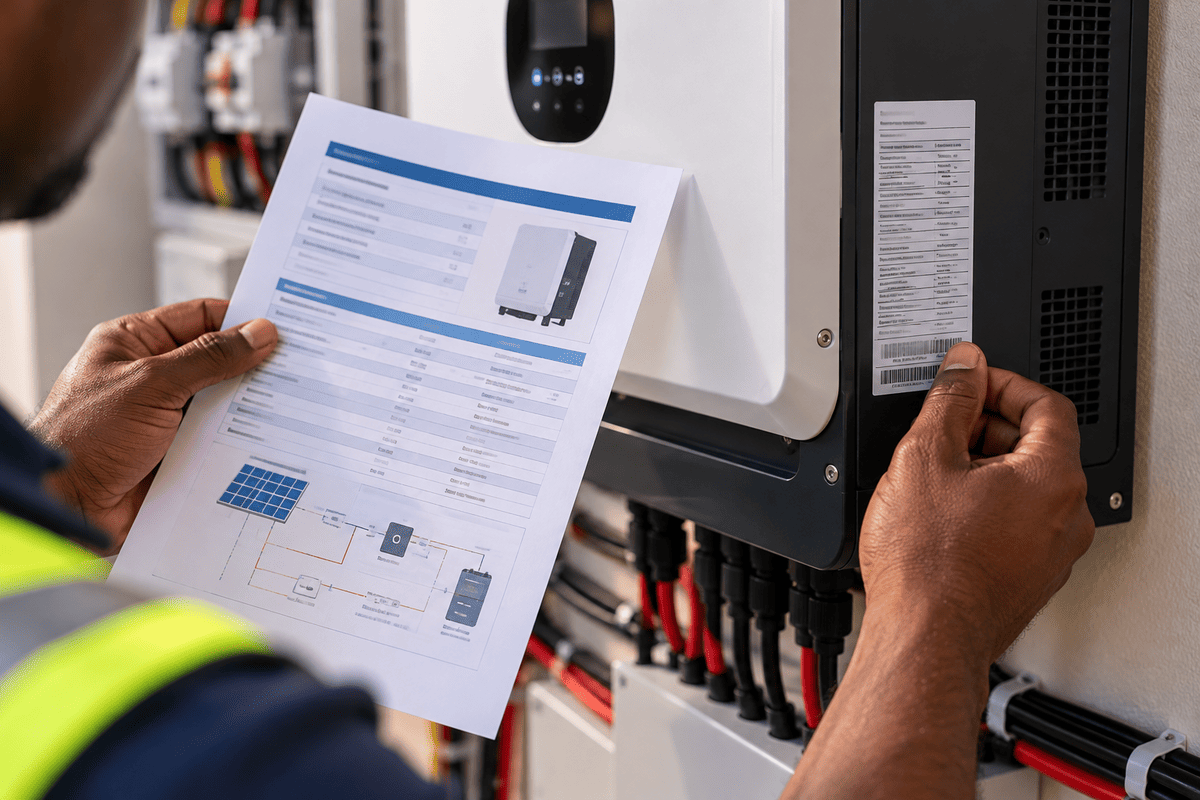 Installer checking an inverter's rating against system specs, catching an undersized unit before it fails