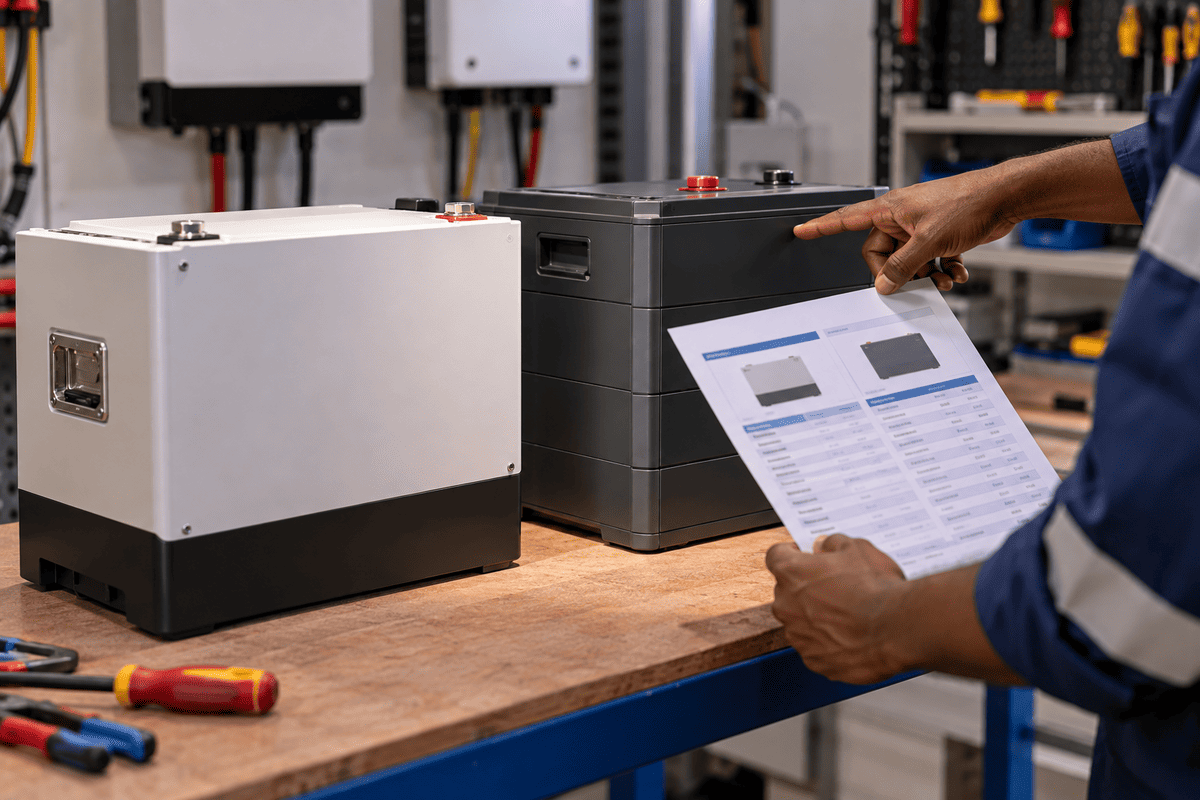 Installer comparing two battery types before correcting a wrong recommendation and sizing