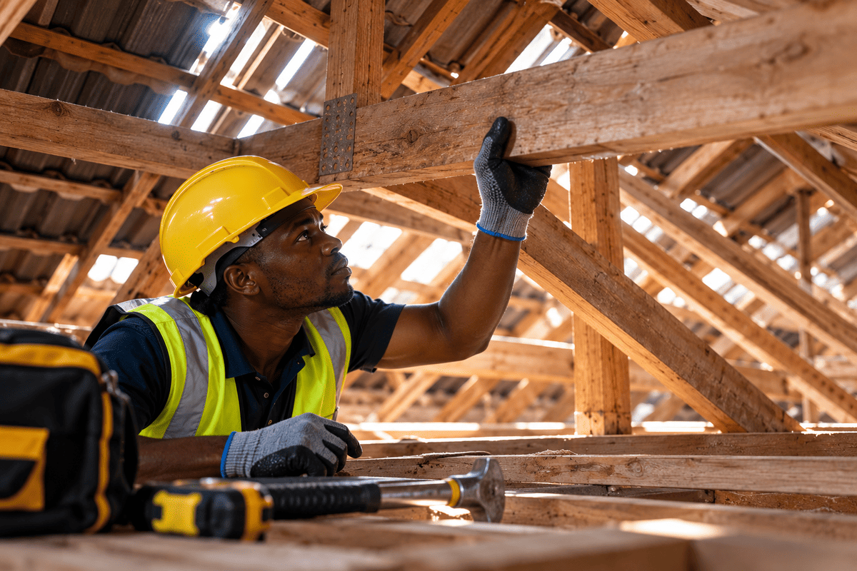 Installer inspecting roof structure before reinforcing it for solar panel weight