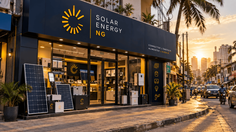 Solar equipment for sale in a Nigerian shop, where prices can vary widely