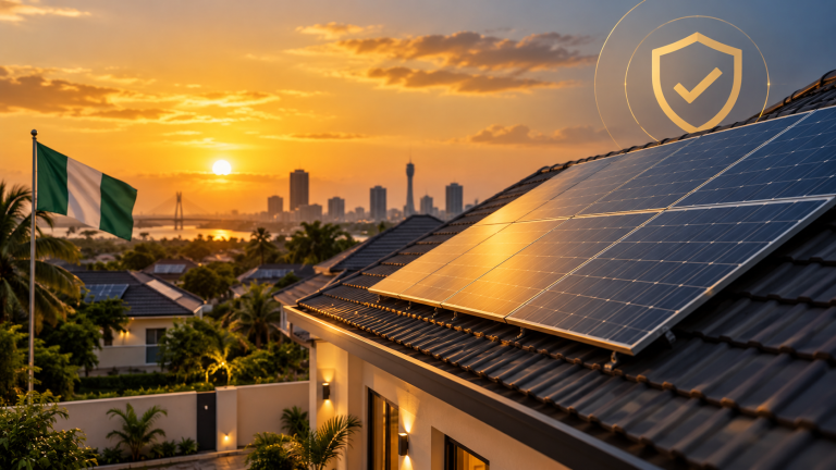 Solar panel installation on residential rooftop in Nigeria with regulatory compliance badge