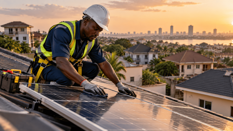 Technician performing maintenance on a solar panel, spotting early warning signs