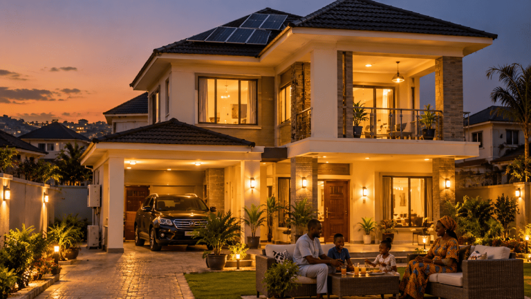 Nigerian home lit warmly at dusk, powered by solar energy